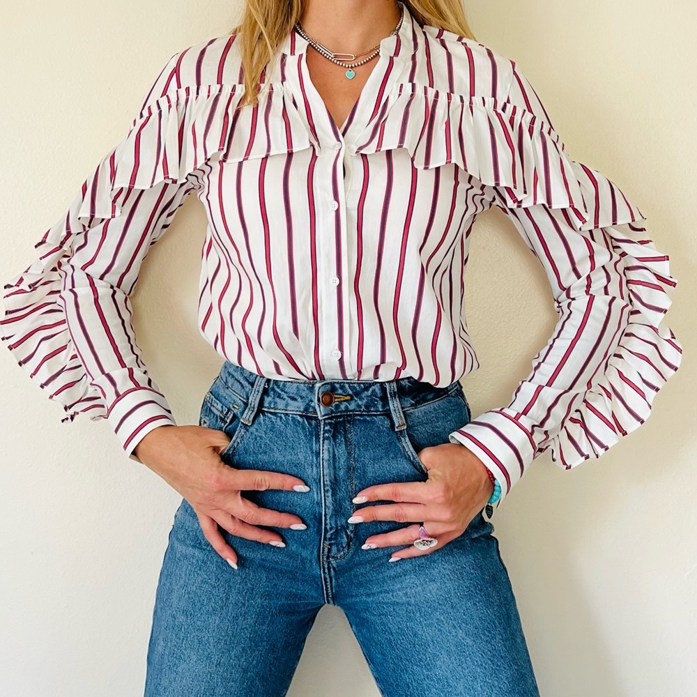 Anthropologie Belle Vere ruffle button down striped shirt top long sleeve - Picture 2 of 8